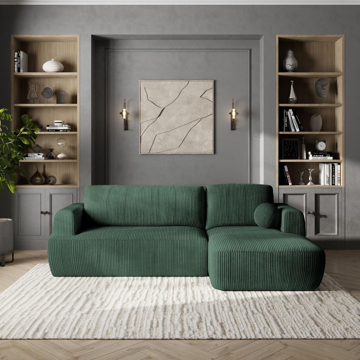 ECKSOFA SENTI P R-S Grün Kordstoff mit Schlaffunktion - Schwarz/Grün, Holz/Kunststoff (246/148cm) - MASSENO