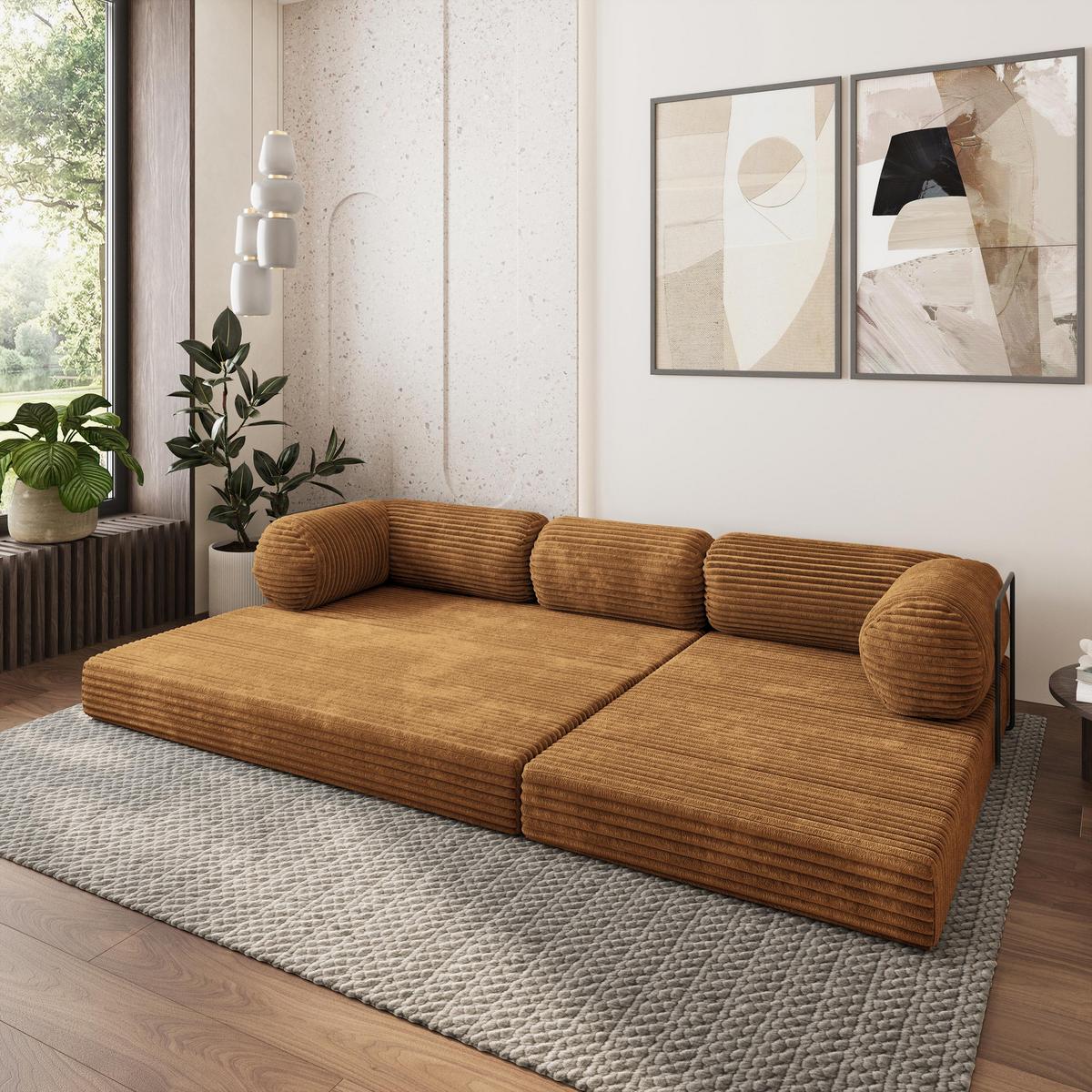 ECKSOFA ETERA modulares Boneless Sofa mit Schlaffunktion Orange Kordstoff - Orange, Textil (270/160cm) - MASSENO