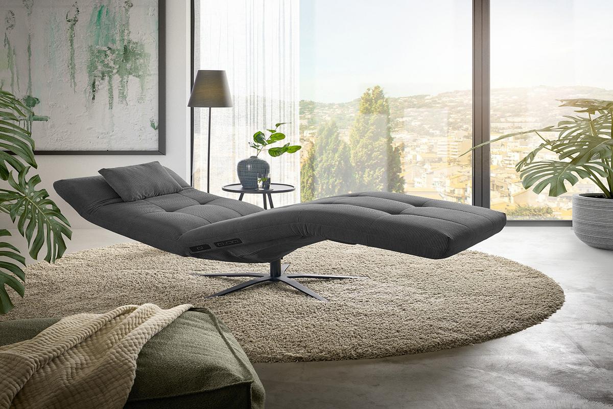 RELAXLIEGE LETICIA Anthrazit Cord Drehbar (360°), Relaxfunktion - Anthrazit/Schwarz, Textil/Metall (82/115/156cm) - KAWOLA