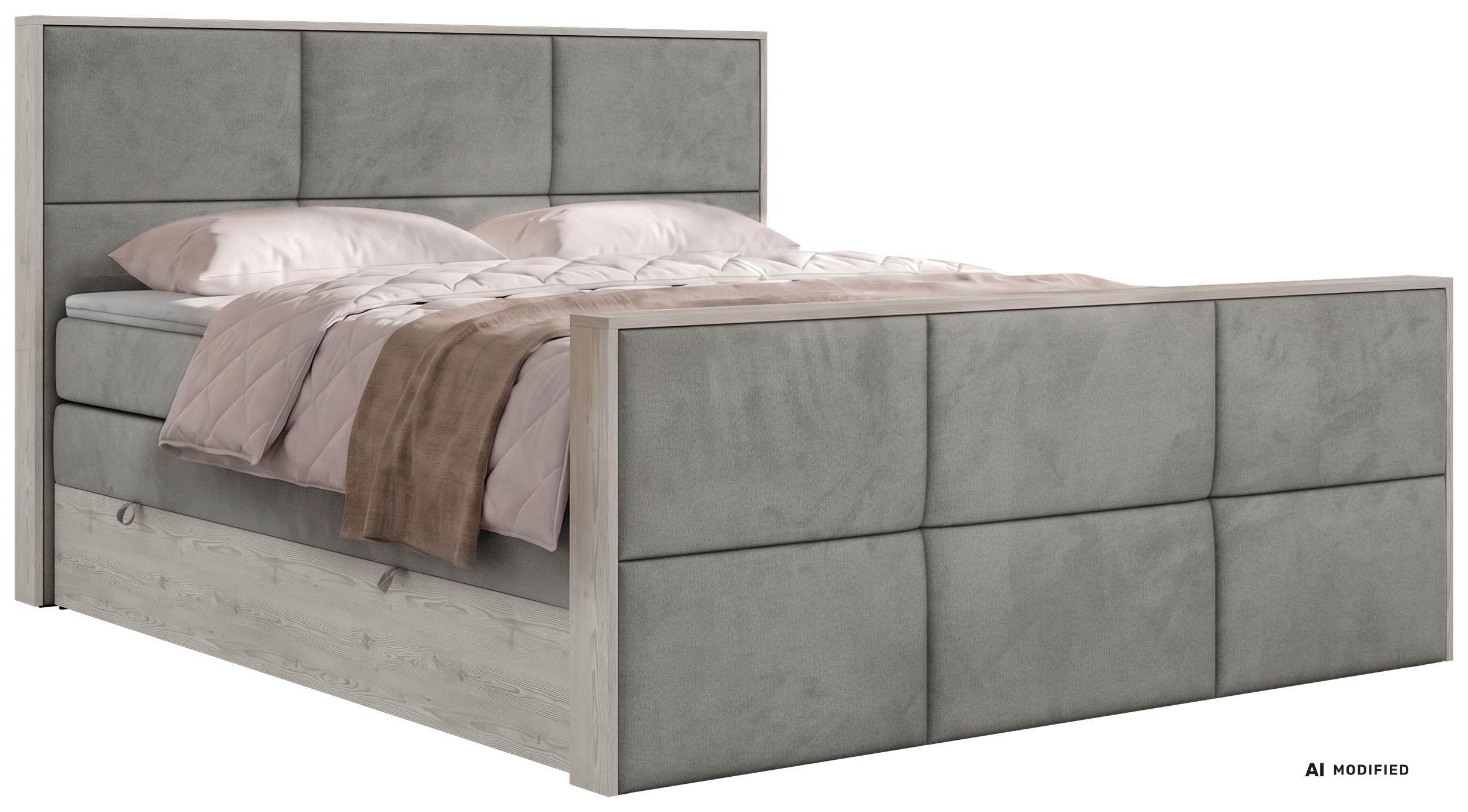 BOXSPRINGBETT DELNOR KING DUO 160/200 - Hellgrau Velvet - Topper Visco - H4 - Hellgrau/Schwarz, Kunststoff/Textil (160/200cm) - MKS