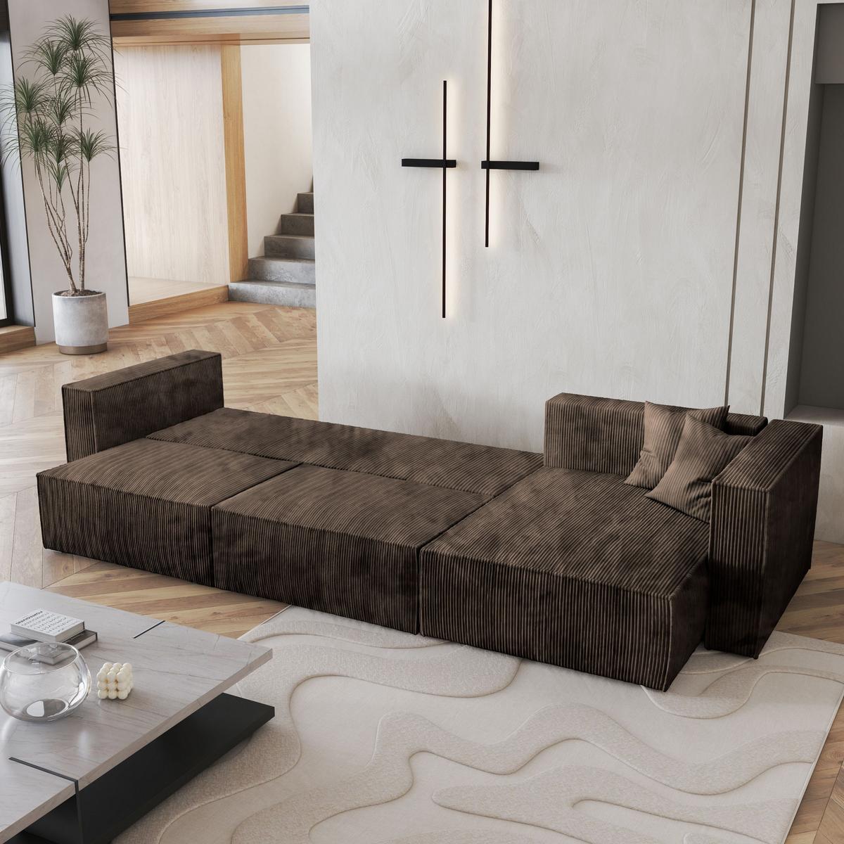 ECKSOFA TOLMO P Braun Kordstoff mit Schlaffunktion - Braun/Grau, Holz/Kunststoff (347/148cm) - MASSENO