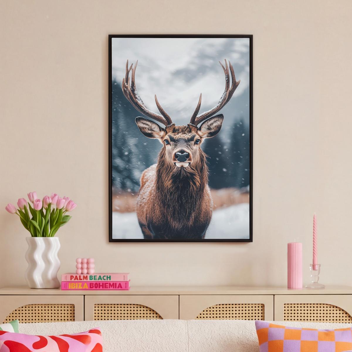 LEINWAND Bilder mit Rahmen - Hirsche - Tiere - Landschaft - Winter - Schnee - 60x90 - Kastanienfarben, Textil (60/90cm) - MuchoWow