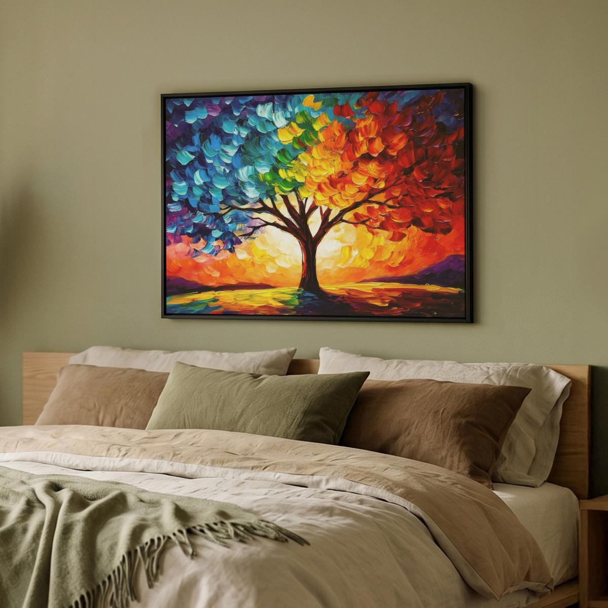 LEINWAND Bilder mit Rahmen - Baum - Kunst - Natur - Sonnenuntergang - 70x50 - Multicolor, Textil (70/50cm) - MuchoWow