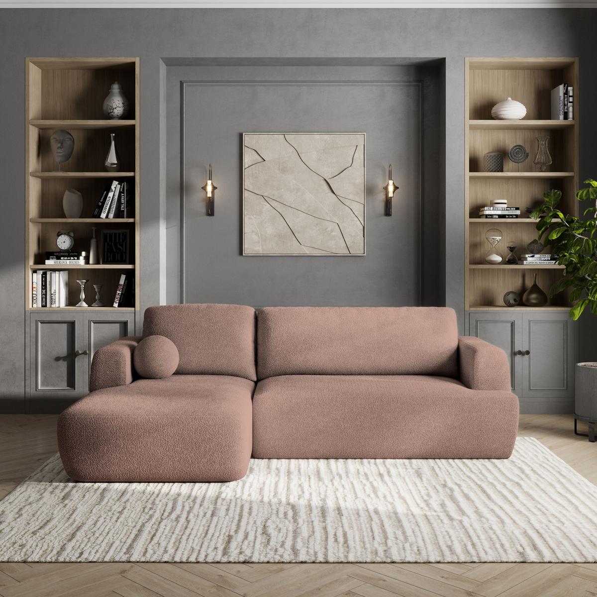 ECKSOFA SENTI N L-S Rosa Boucle-Stoff mit Schlaffunktion - Schwarz/Rosa, Holz/Kunststoff (246/148cm) - MASSENO