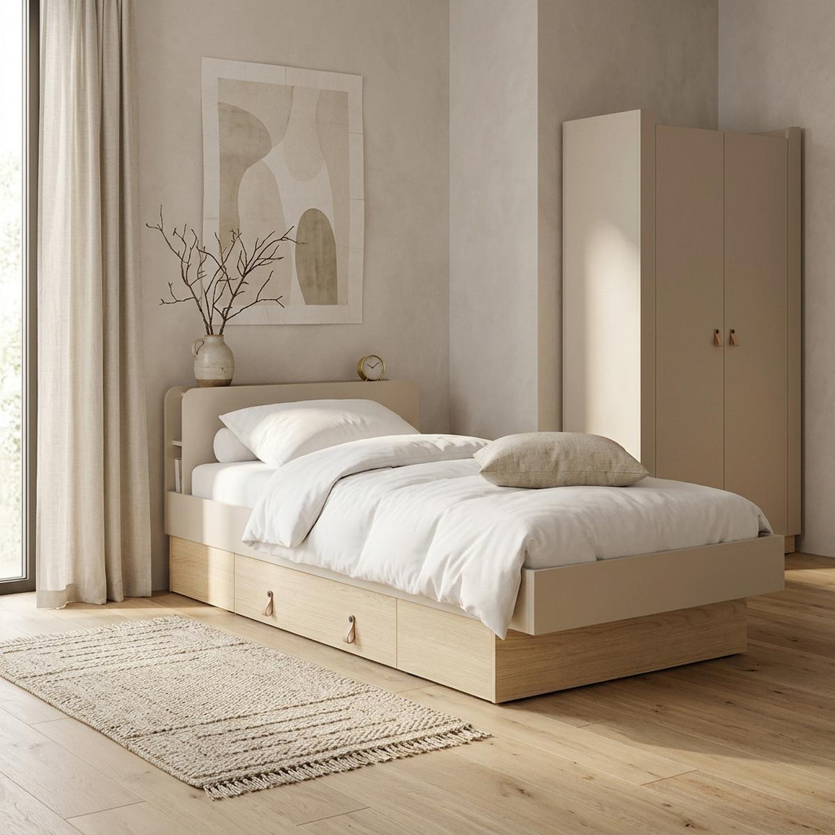 BETT Sorella 90x200 cm mit Lattenrost und Bettkasten-Schublade, mit Matratze 26 cm, Macadamia + Eiche Mavelie - Eichefarben/Beige, Leder/Holzwerkstoff (90/200cm) - Beautysofa