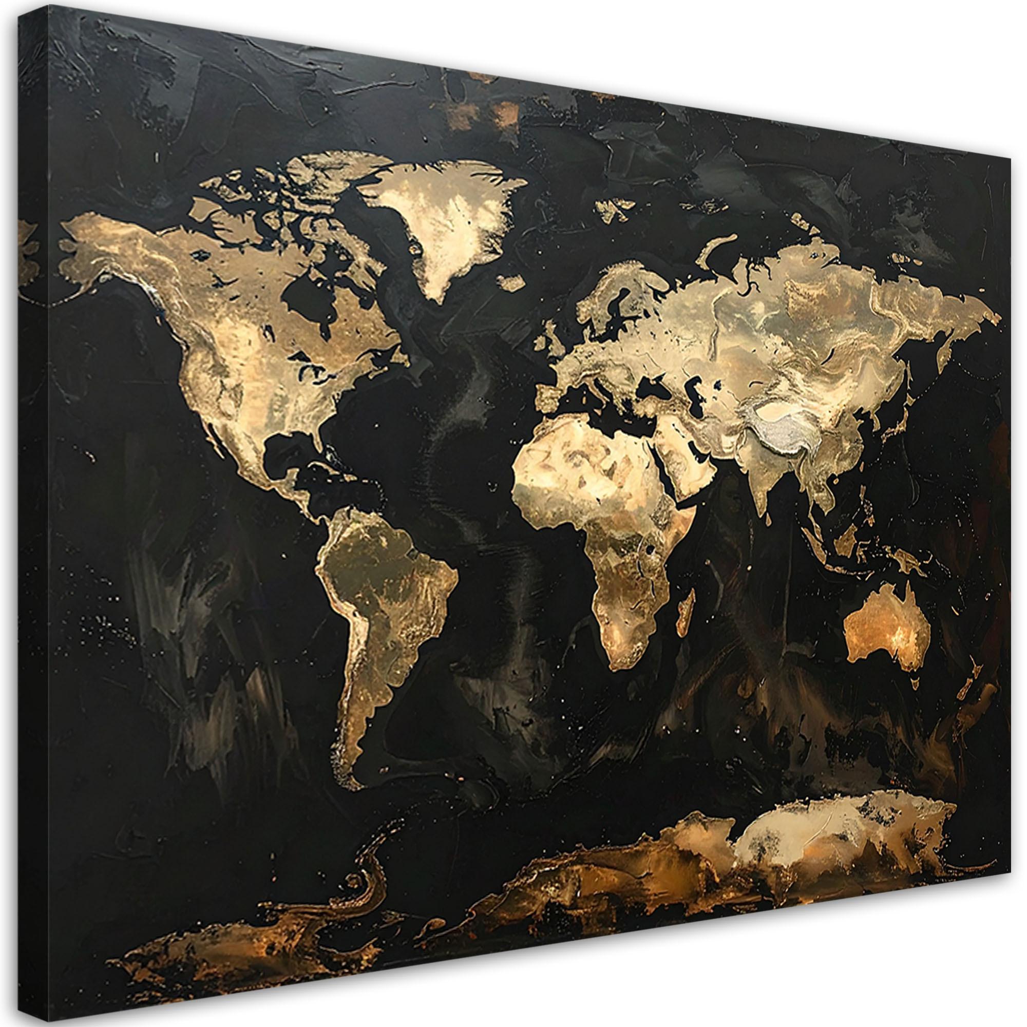 BILD auf Leinwand, Goldene Weltkarte auf schwarzem Hintergrund - Schwarz, Textil (45/30cm) - Feeby