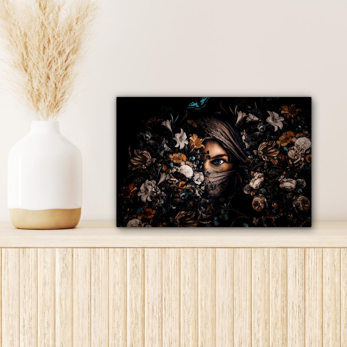 LEINWANDBILD Frau - Luxus - Blumen - Schmetterling - Porträt Deko Schlafzimmer 30x20 cm - Schwarz, Textil (30/20cm) - MuchoWow