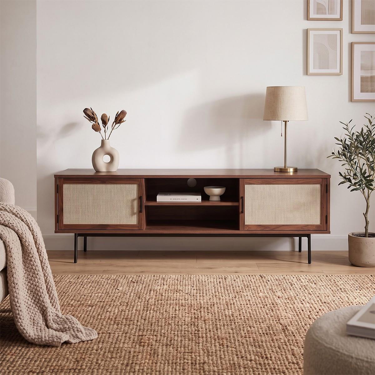 TV-MÖBEL in walnussdekor mit fronten aus stoff jetson 39,5/45/140 cm - Nussbaumfarben, Holzwerkstoff (39.5/45/47.5cm) - Calicosy