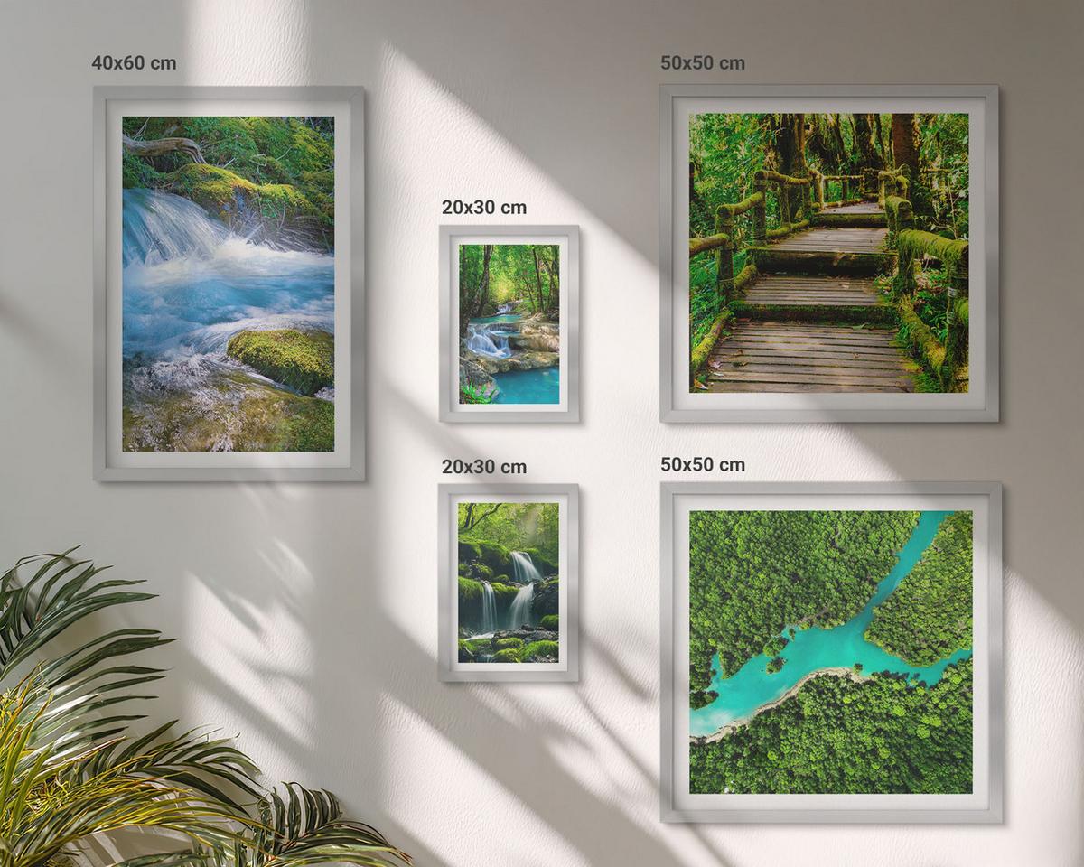 BILDER SET 5er Set - 50x50 cm & 20x30 cm & 40x60 cm Silberner Rahmen - Grüne Berge, Flussfelsen - Silberfarben, Kunststoff (40/60cm) - TULUP