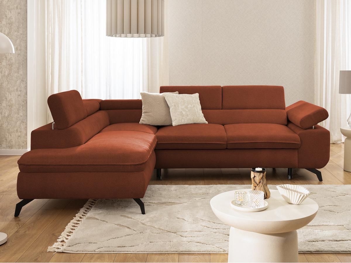 ECKSOFA mit Schlaffunktion und Bettkasten Bonnie aus Terrakotta Chenille-Stoff mit verstellbaren Kopfstützen und Armlehne - Ottomane links - Terracotta/Schwarz, Holz/Textil (275/210cm) - S-Style Möbel