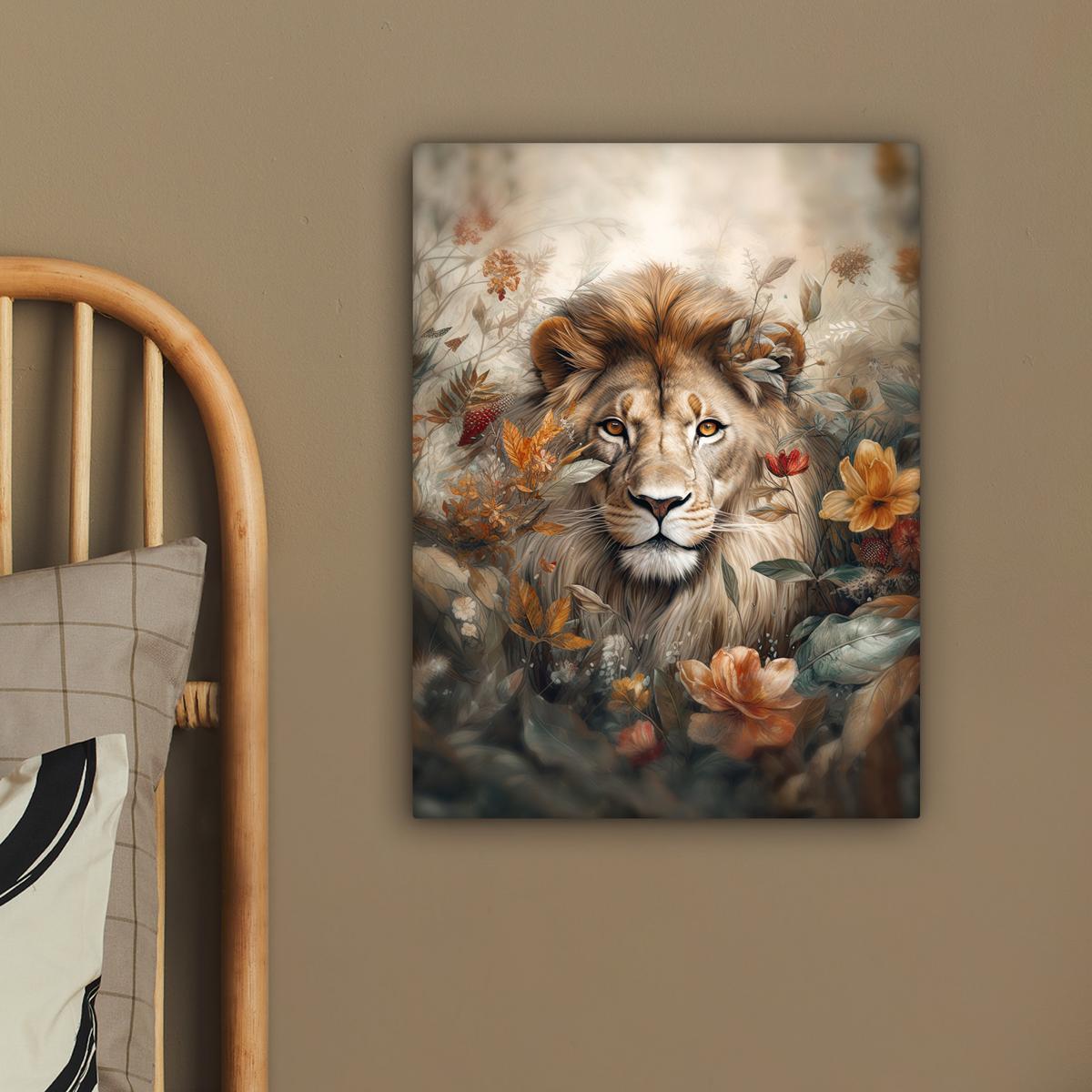 LEINWANDBILD Löwe - Wildtiere - Pflanzen - Natur - Blumen Room Decor 30x40 cm - Beige, Textil (30/40cm) - MuchoWow