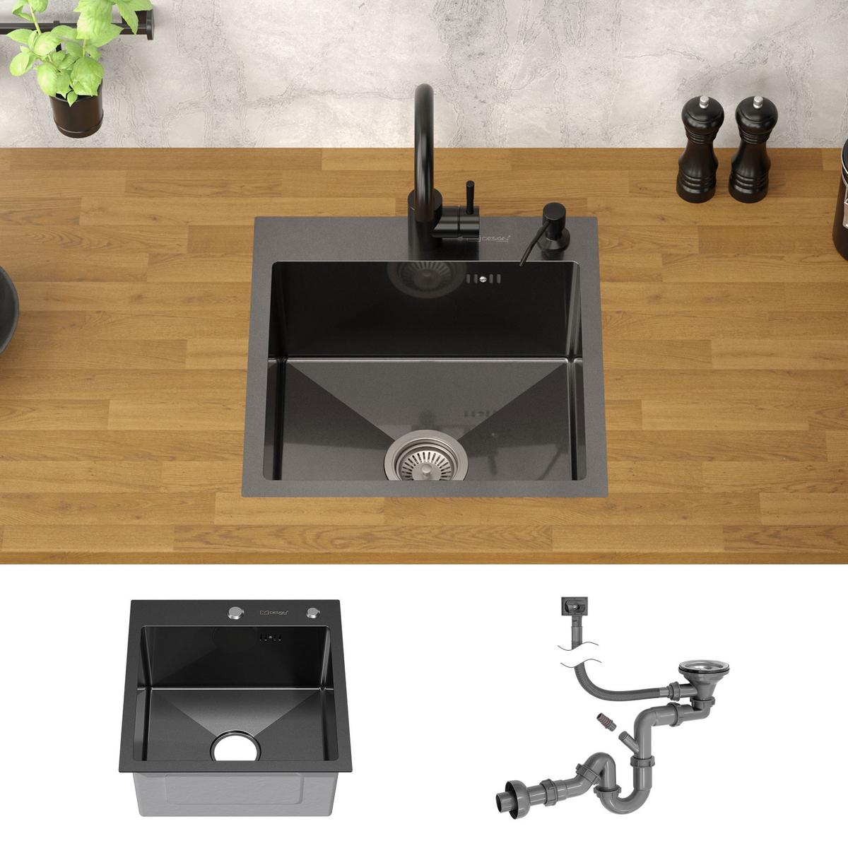 SPÜLBECKEN aus Edelstahl 45x45 cm Anthrazit mit Siphon Küchenspüle eckig - Anthrazit, Metall (45/19/45cm) - ML-DESIGN