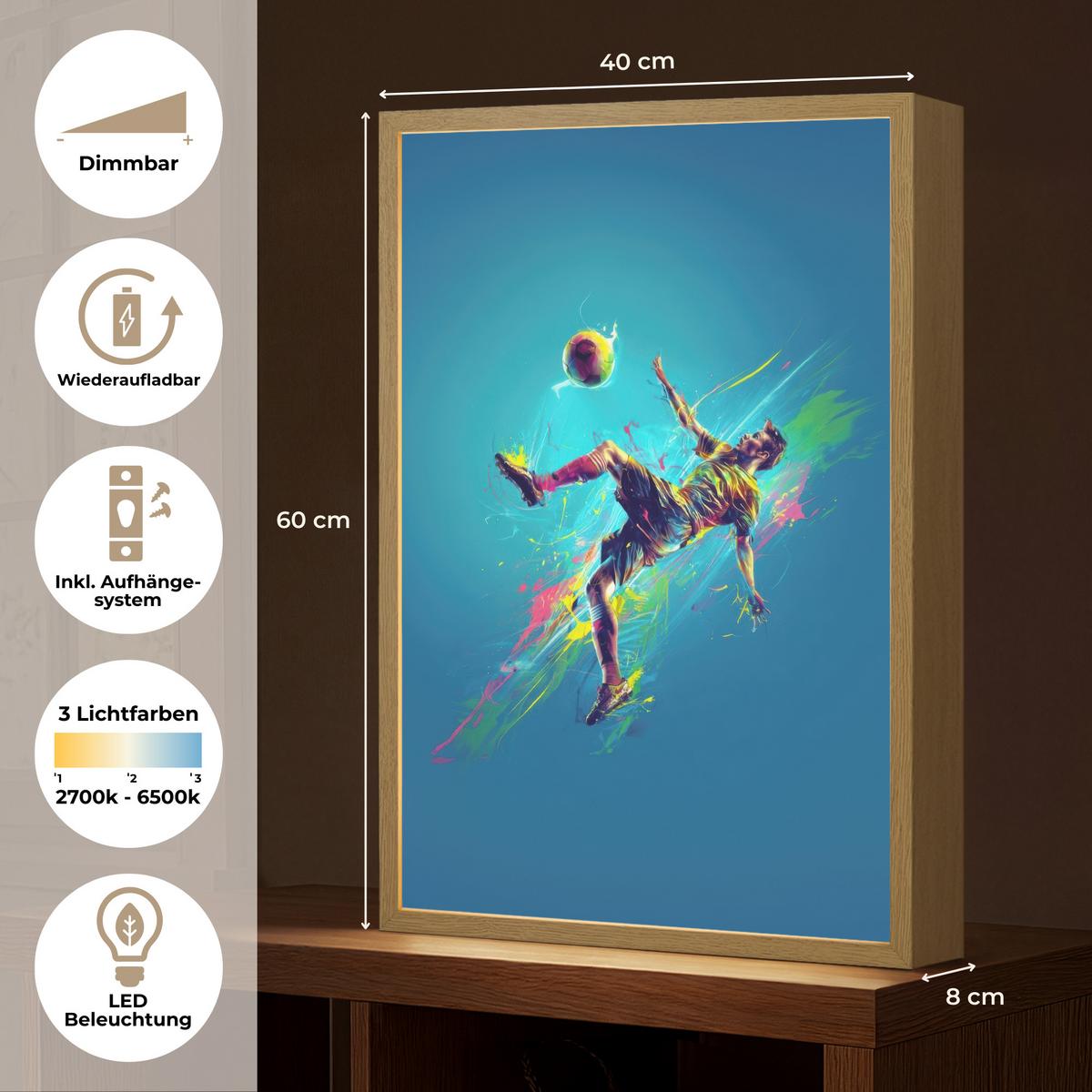 WANDLEUCHTE MIT AKKU Fußballer - Farbspritzer - Farbenfroh - Ball 40x60 cm - Blau, Holzwerkstoff (40/60/8cm) - OnlyWow