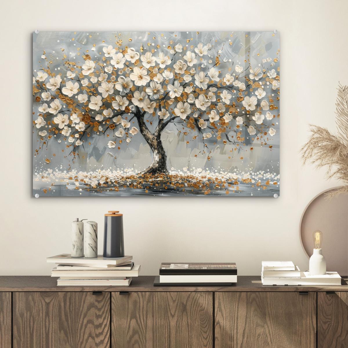 ACRYLGLASBILD Baum - Blumen - Weiß - Natur - Kunst Wanddeko 60x40 cm - Weiß, Glas (60/40cm) - MuchoWow