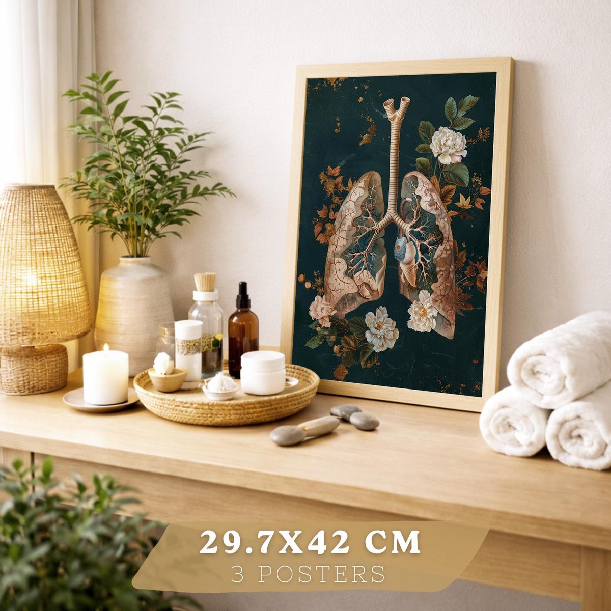 POSTER Set aus 3 Anatomie Mensch Drucke und Wandbilder mit Herz Atmungssystem und Skelett Botanischer Stil Wanddekoration Größe Leichter Holzrahmen A3 - Beige, Papier (29.7/42/3cm) - Nacnic