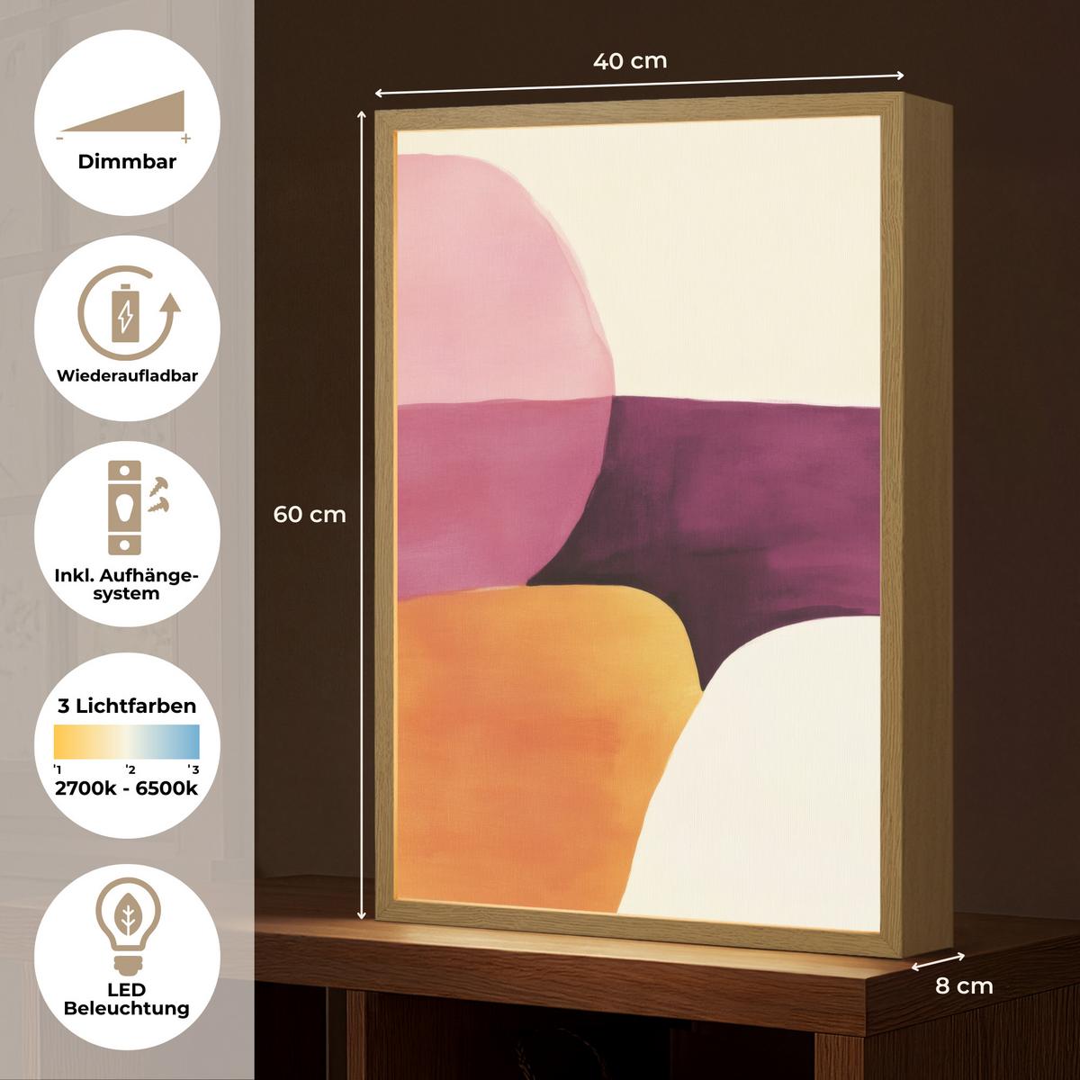 WANDLEUCHTE MIT AKKU Formen - Abstrakt - Farbenfroh 40x60 cm - Rosa, Holzwerkstoff (40/60/8cm) - OnlyWow
