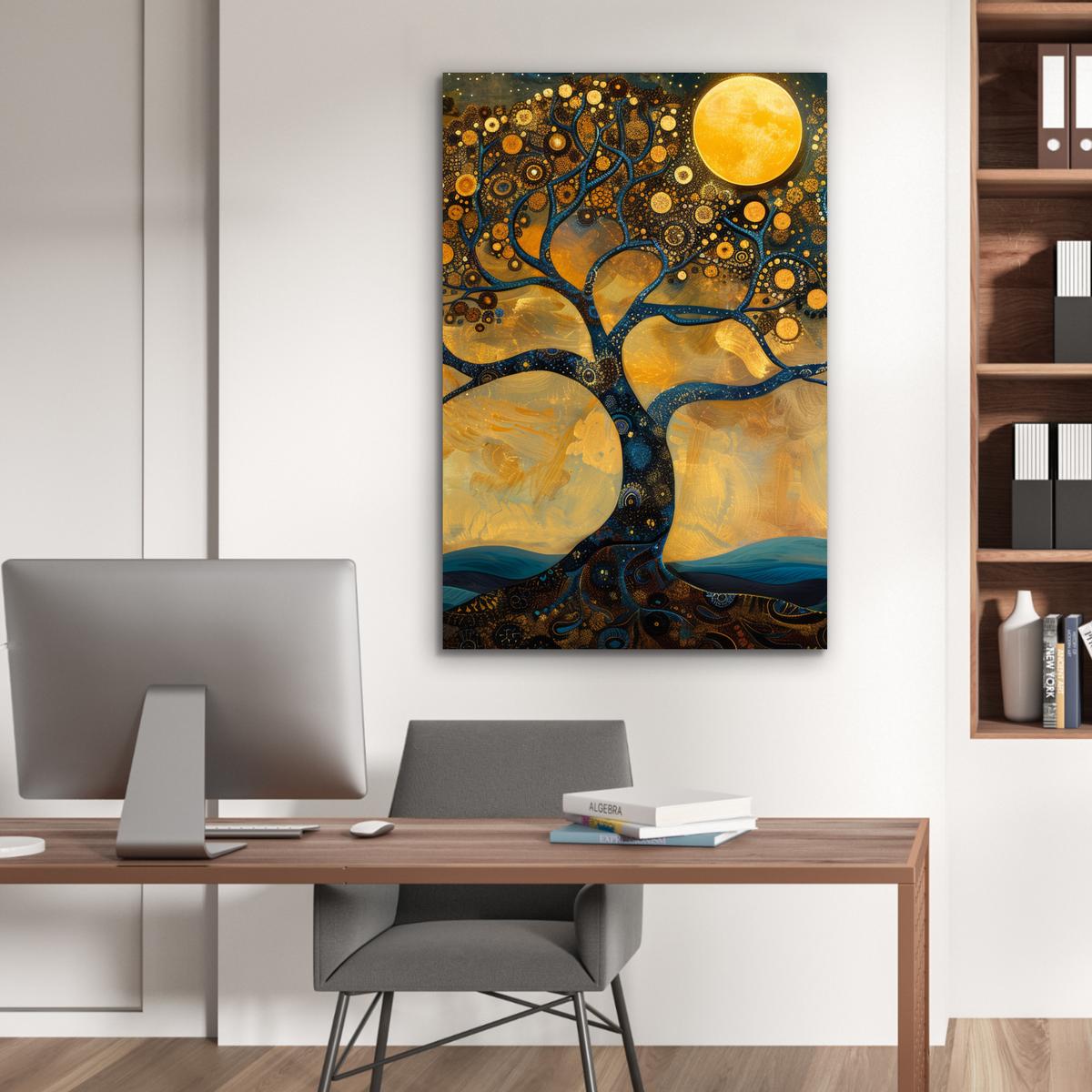 METALLBILD Baum - Mond - Blumen - Gold - Kunst 80x120 cm - Orange, Metall (80/120cm) - MuchoWow