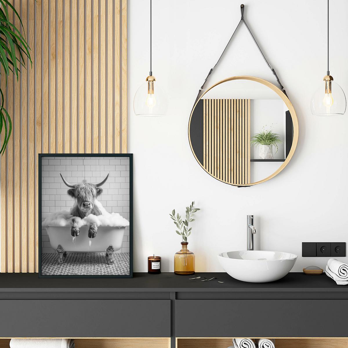 POSTER für WC Badezimmer SCHOTTISCHE KUH in Badewanne Schwarz-Weiß Abstraktion 20x30cm - Schwarz/Weiß, Papier (20/30/30cm) - Muralo