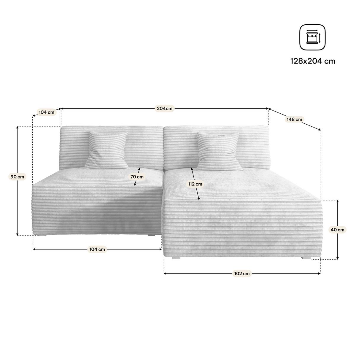 ECKSOFA FIORO Creme Kordstoff mit Schlaffunktion - Creme, Holz (204/148cm) - MASSENO