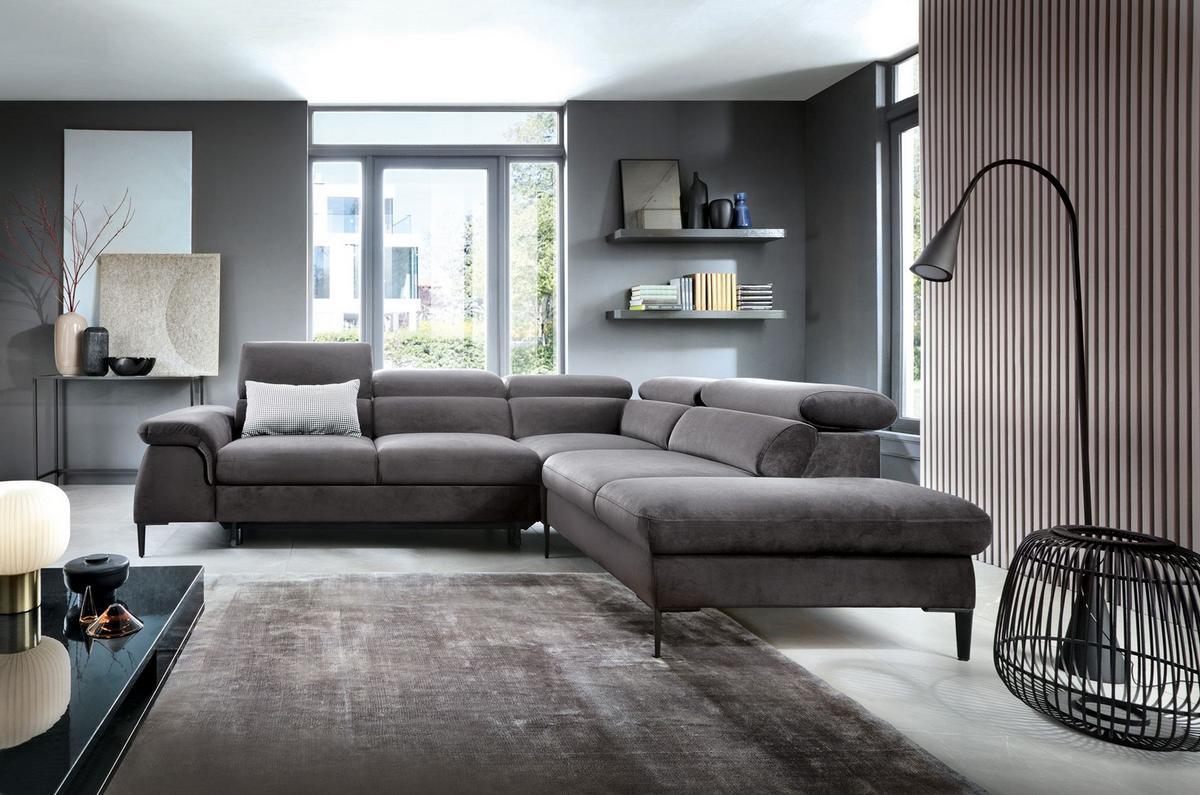 ECKSOFA MESTO Grau Velours-Stoff mit Schlaffunktion - Grau, Holz (280/214cm) - MASSENO