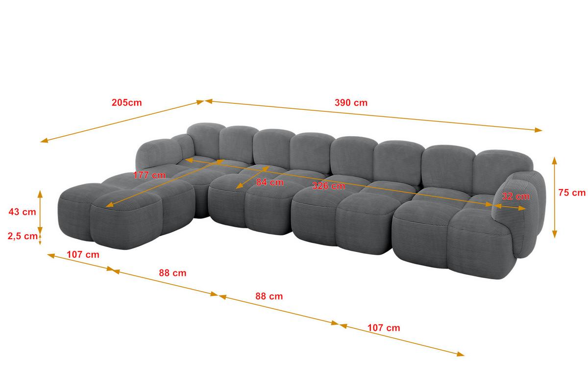 ECKSOFA modulares Sofa Links Miko-L3 390x205x75 Dunkelgrau Cord - Graphitfarben/Schwarz, Holzwerkstoff/Kunststoff (390/205cm) - ALTDECOR