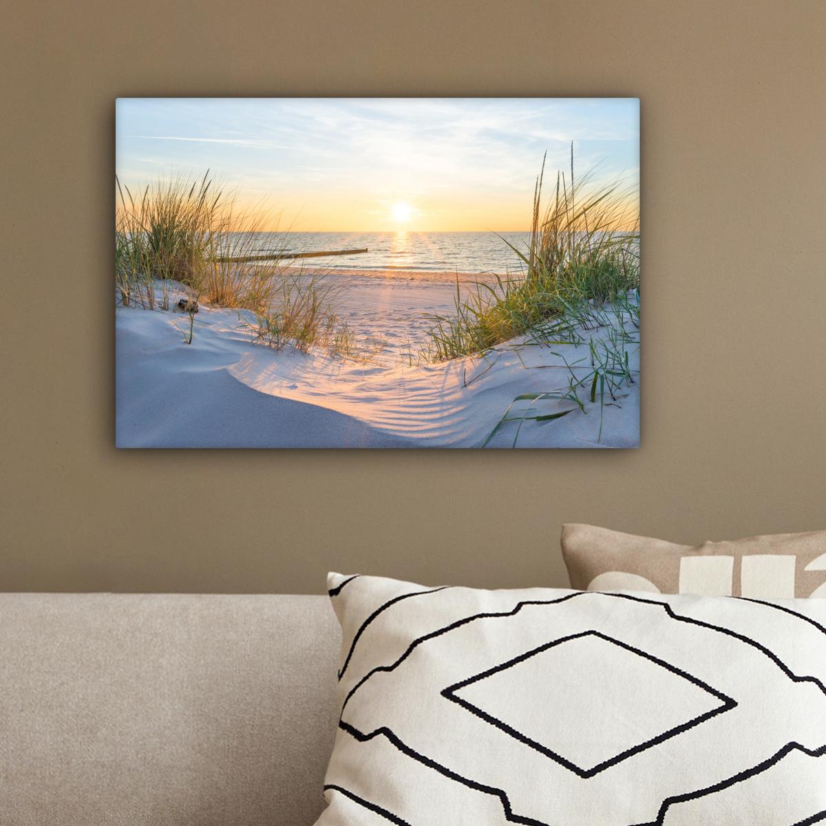 LEINWANDBILD Strand - Sonne - Düne - Gras - Sand - Horizont Deko Schlafzimmer 30x20 cm - Hellblau, Textil (30/20cm) - MuchoWow