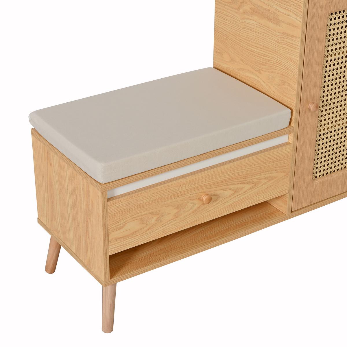 SCHUHSCHRANK in Holz-Optik – Schuhschrank mit Rattan-Tür & Sitzkissen - Naturfarben, Holzwerkstoff (95.5/80.5/35cm) - Urban Meuble