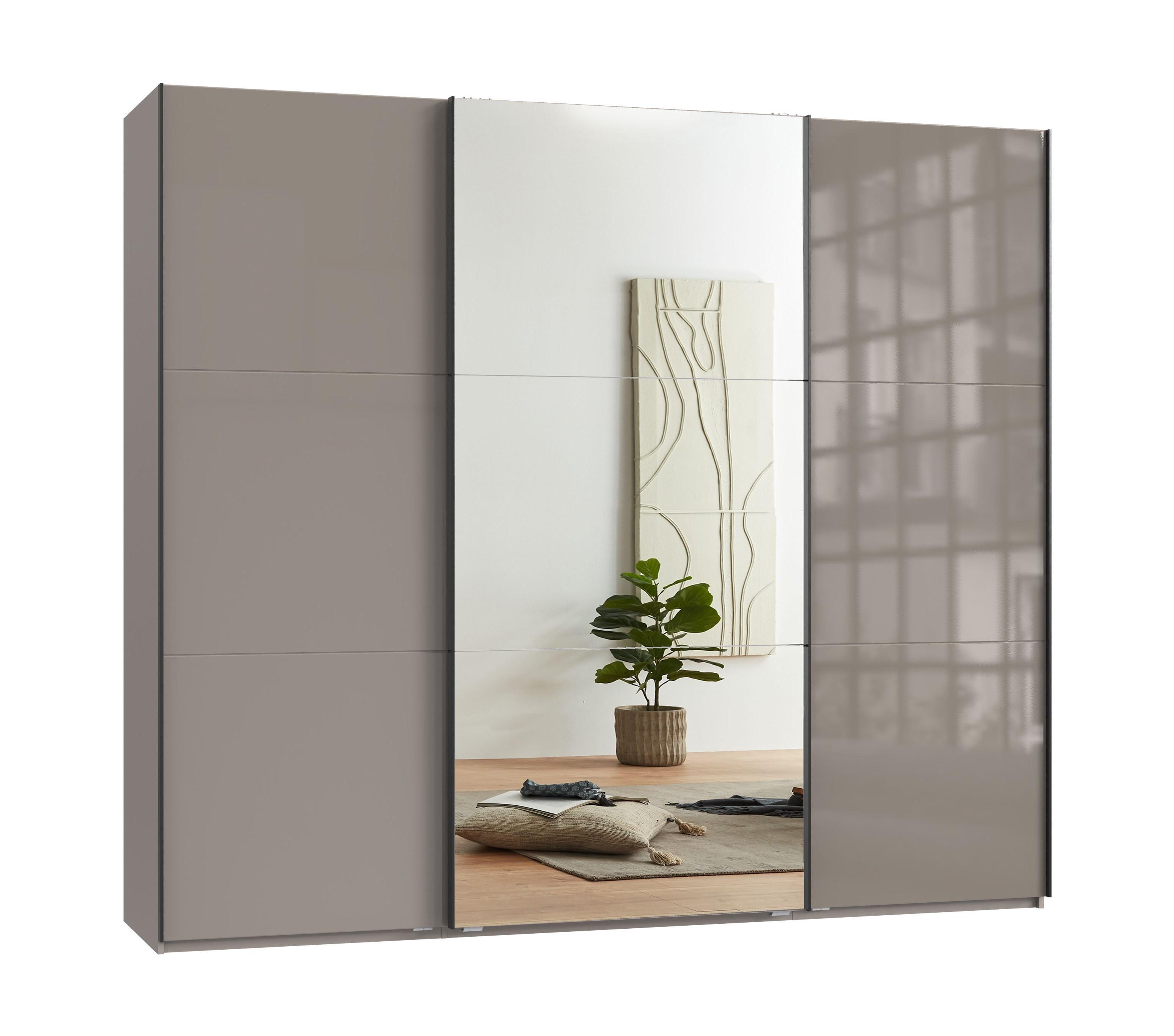 SCHWEBETÜRENSCHRANK 3-türig B250/H216/T65 cm in Sandgrau mit Glasfront, eine Spiegeltür, Kleiderschrank inkl. Vollausstattung / 22034 - Sandfarben/Eichefarben, Holzwerkstoff/Metall (250/216/65cm) - luma-home