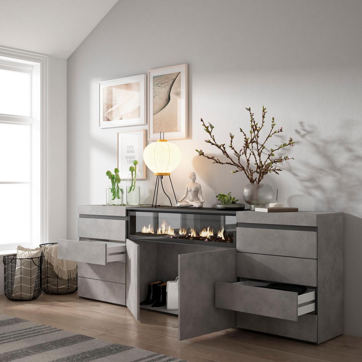 KOMMODE mit Schubladen, Elektrokamin, zementgrau, 214/35/75cm - Grau, Holzwerkstoff (214/75/35cm) - Skraut Home