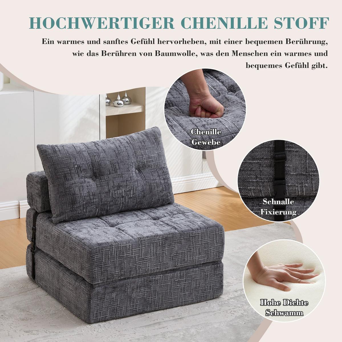 KLAPPBARER Chenille-Sessel mit Kissen, 79 x 79 x 57 cm, Grau - Grau, Textil (79/57/79cm) - Urban Meuble