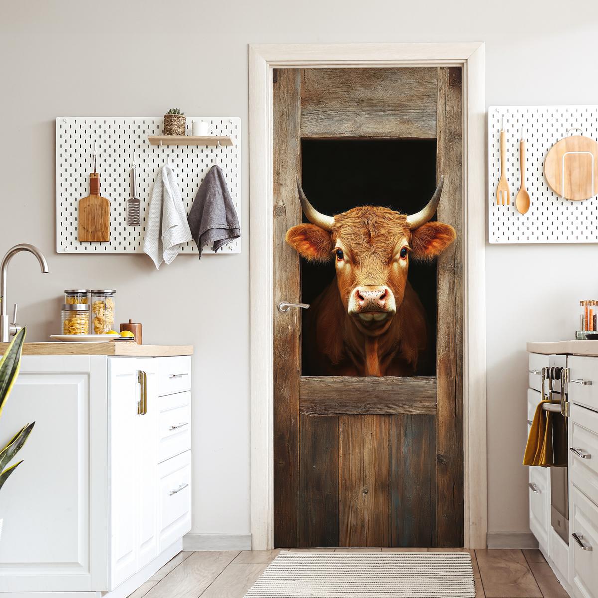 TÜRAUFKLEBER Kuh - Fenster - Holz - Tiere 90x215 cm - Türtapete - Wengefarben, Kunststoff (90/0.1cm) - MuchoWow