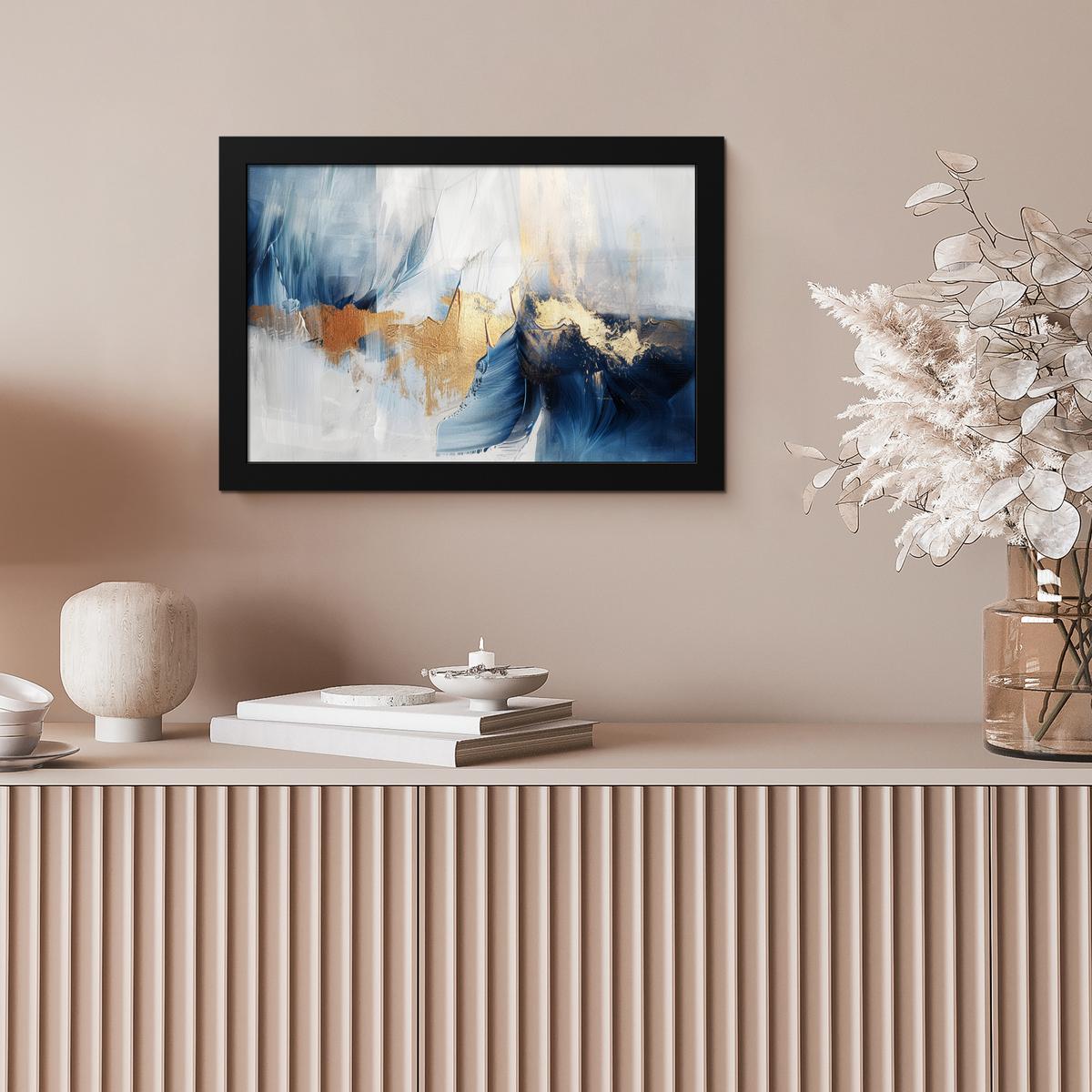 POSTER MIT RAHMENGERAHMTES BILD Gold - Blau - Aquarell - Kunst - Modern 30x20 cm - Hellblau, Papier (30/20cm) - MuchoWow