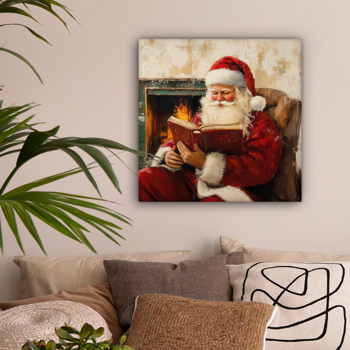 LEINWANDBILD Weihnachten - Weihnachtsmann - Winter - Open Fireside Wandbild Wohnzimmer 50x50 cm - Dunkelrot, Textil (50/50cm) - MuchoWow