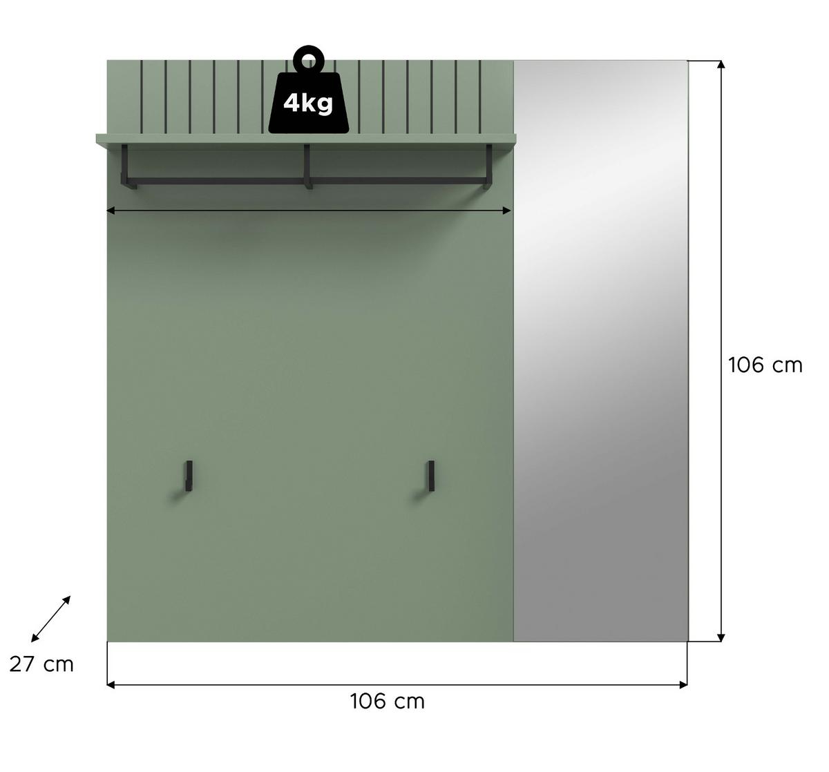 GARDEROBENPANEEL grün 106 x 106 cm, Wandgarderobe mit Spiegel - Grün, Glas/Holzwerkstoff (106/106/27cm) - Inn.Furn