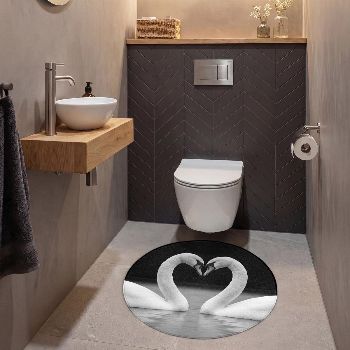 WC-VORLEGER Schwäne - Herz - Schwarz - Weiß Toilettenteppich 70x70 cm - Schwarz, Textil (70/1cm) - OnlyWow