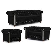 SITZGARNITUR 3+2+1 Chesterfield Cleo Blink Schwarz Samt mit Kristallsteppung und braunen Massivholzfüßen - Schwarz/Braun, Holz/Textil (203/72/86cm) - S-Style Möbel