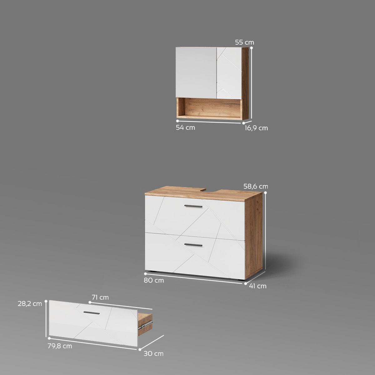 BADMÖBEL-SET Ronco Weiß Hochglanz/Goldkraft Eiche 2 Teile - Honigeiche/Weiß Hochglanz, Holzwerkstoff (80/55/41cm) - Livinity®