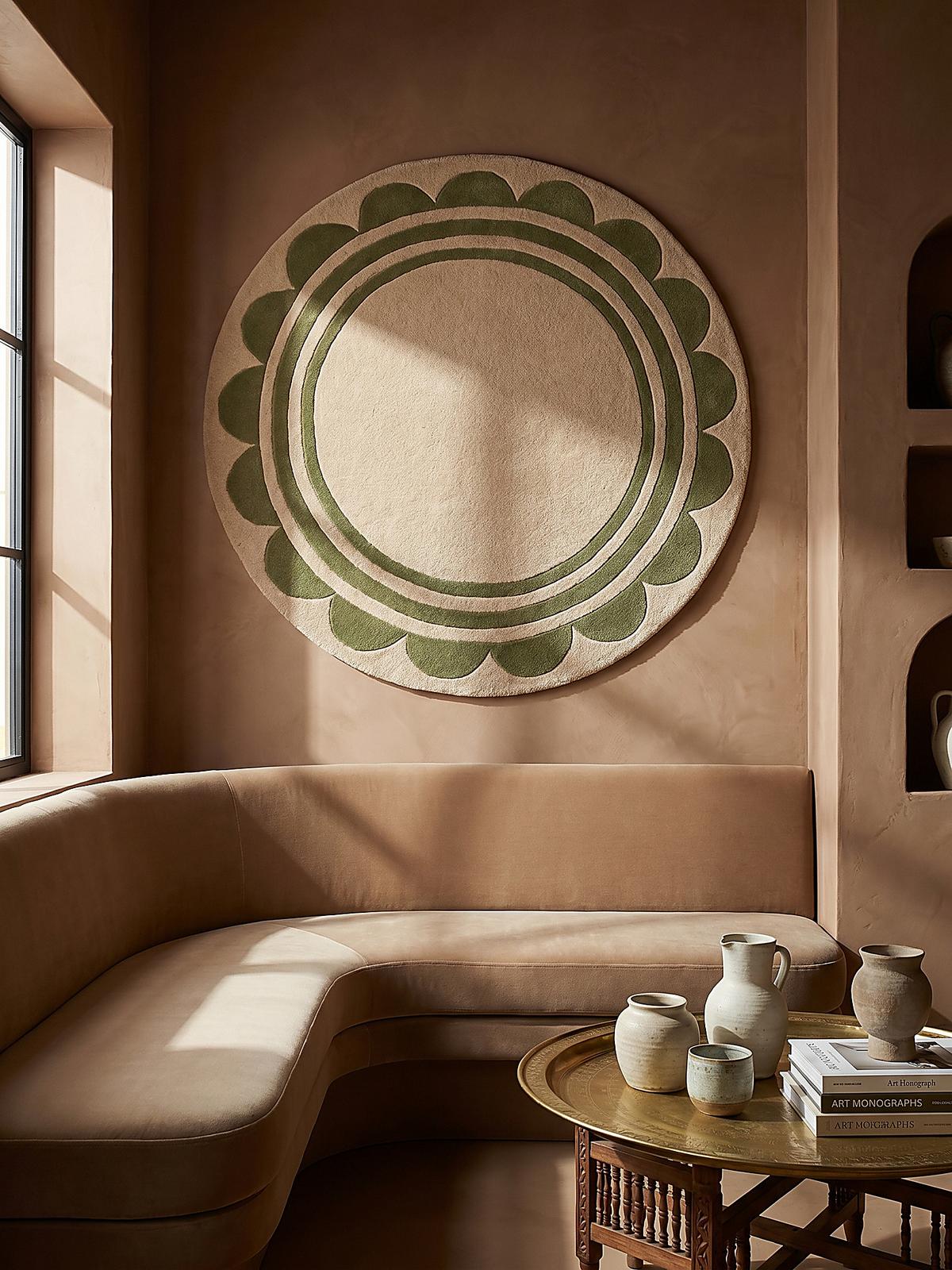 WOLLTEPPICH WENSUM, mit grafischem Muster mit Rahmen, Grün-Beige, Ø 120 cm - Grün, Textil (120/120cm) - KADIMA DESIGN