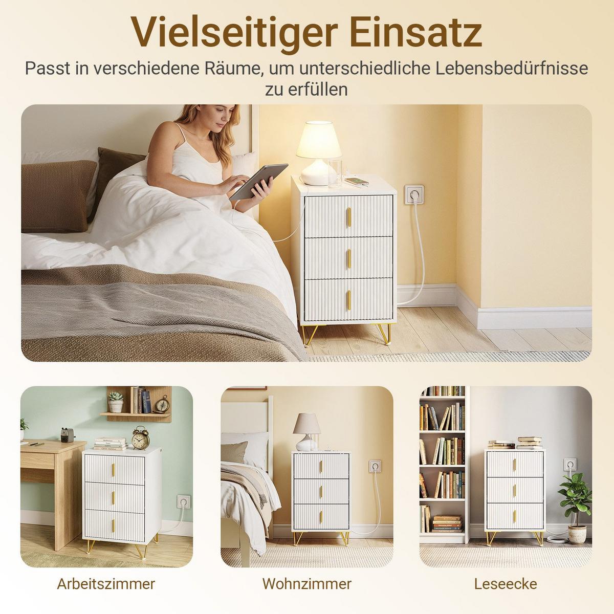 NACHTTISCH mit Ladefunktion und 3 schubladen, weiß 40x40x63,5cm - Weiß, Holzwerkstoff (40/64/40cm) - SoBuy