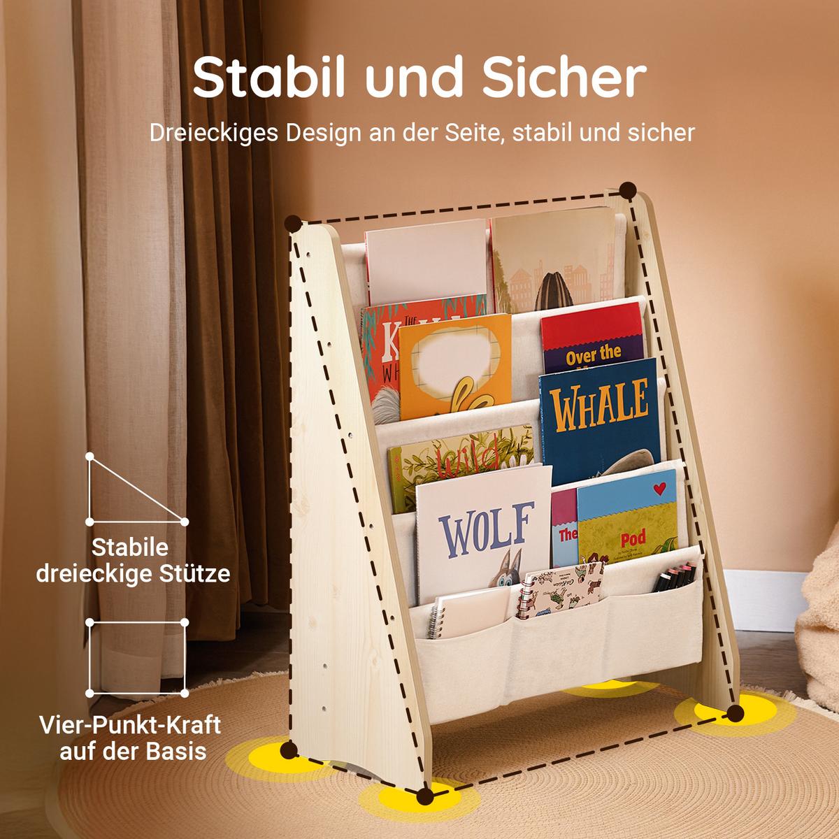 KINDER-BÜCHERREGAL mit 4 Stofffächern, Natur 63x76x28cm - Naturfarben, Holz/Holzwerkstoff (63/76/28cm) - SoBuy