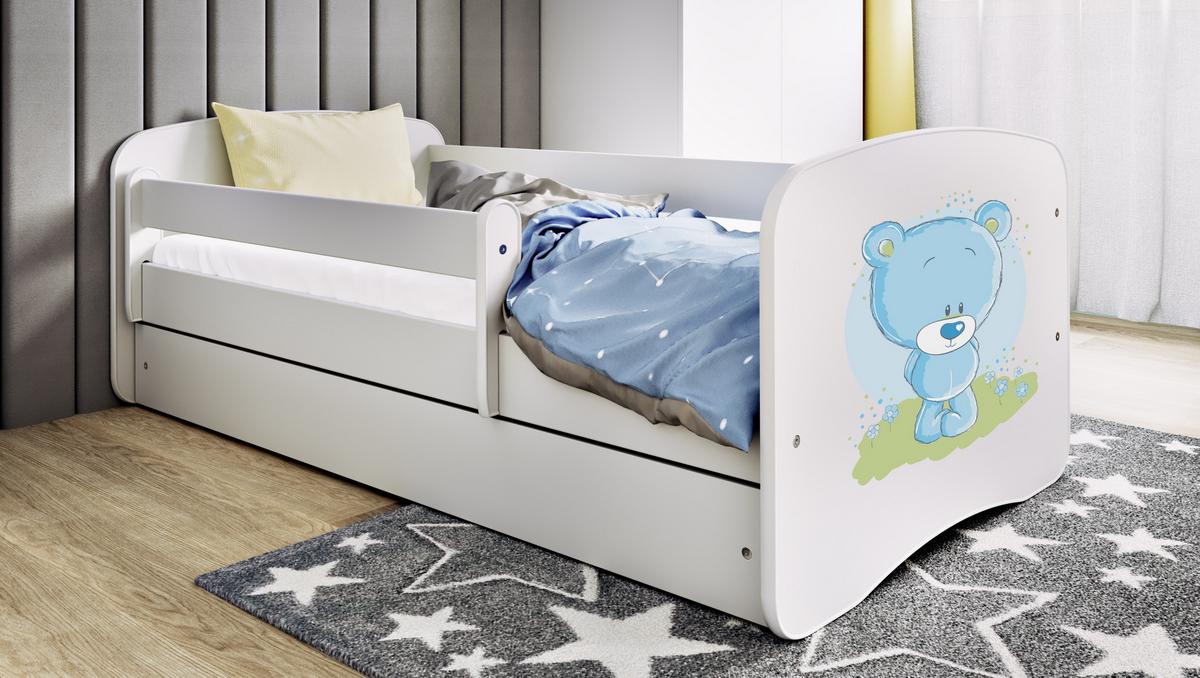 KINDERBETT blauer Teddybär Blumen mit Schublade und Matratze 140/70 - Weiß, Holzwerkstoff (70/140cm) - RAUMHIRSCH FURNITURE