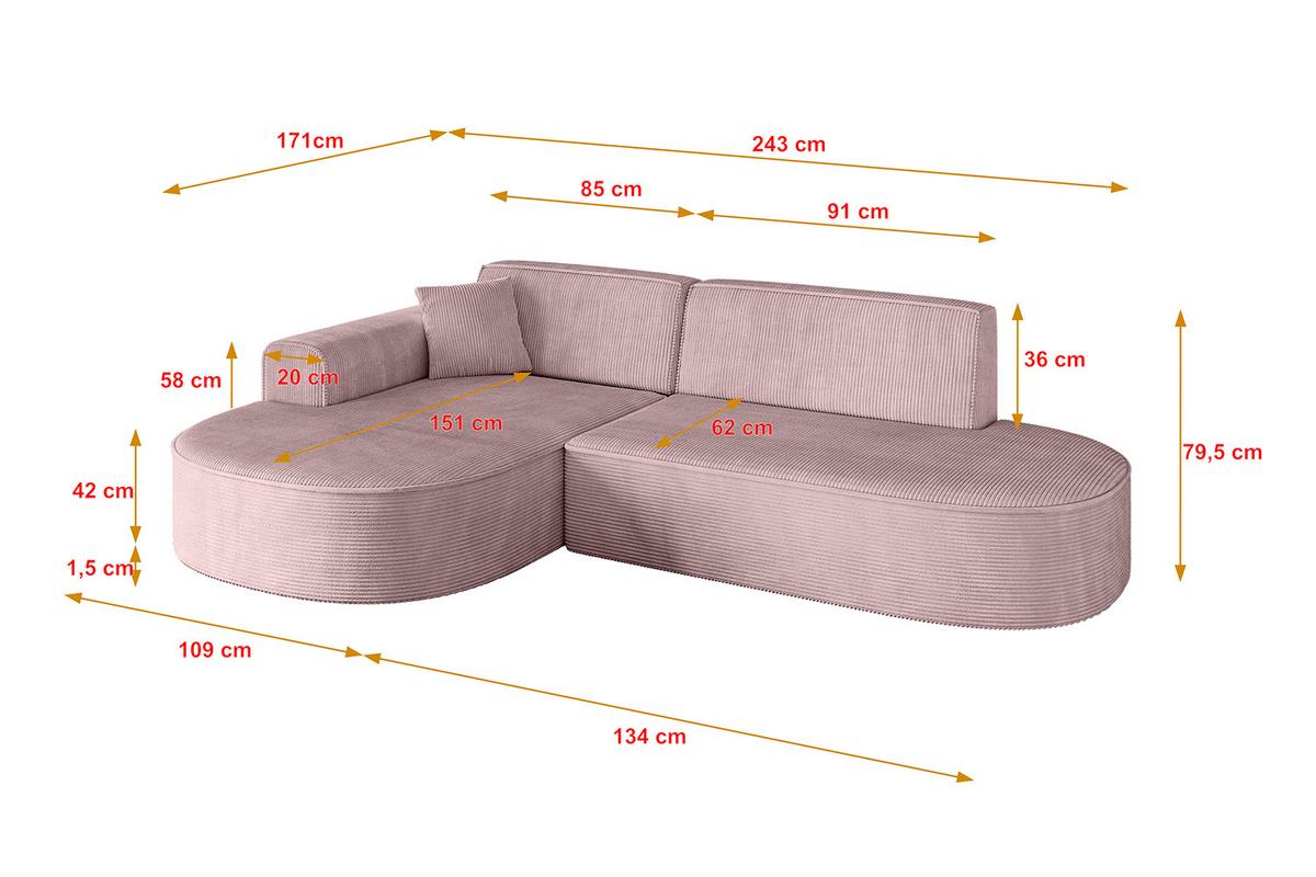 ECKSOFA Ottomane Links MARI-L1 - 243x171x79 cm Rosa Cord - Schwarz/Rosa, Holzwerkstoff/Kunststoff (163/234cm) - ALTDECOR
