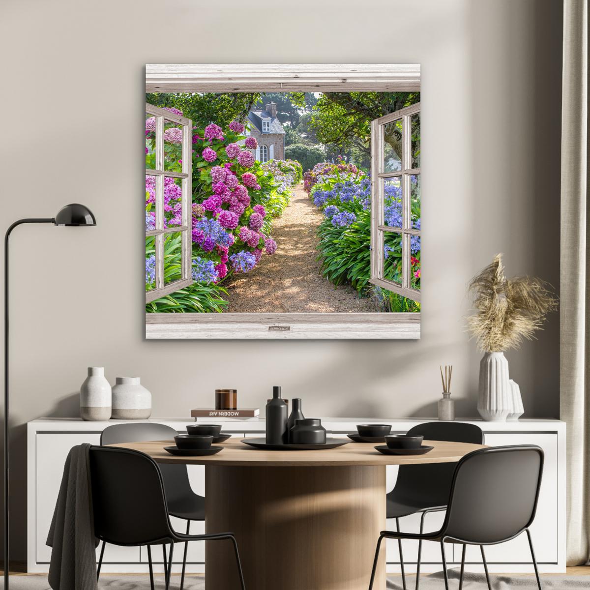 METALLBILD Hortensie - Durchsichtig - Blumen - Sommer - Lila - Weg 90x90 cm - Lila, Metall (90/90cm) - MuchoWow
