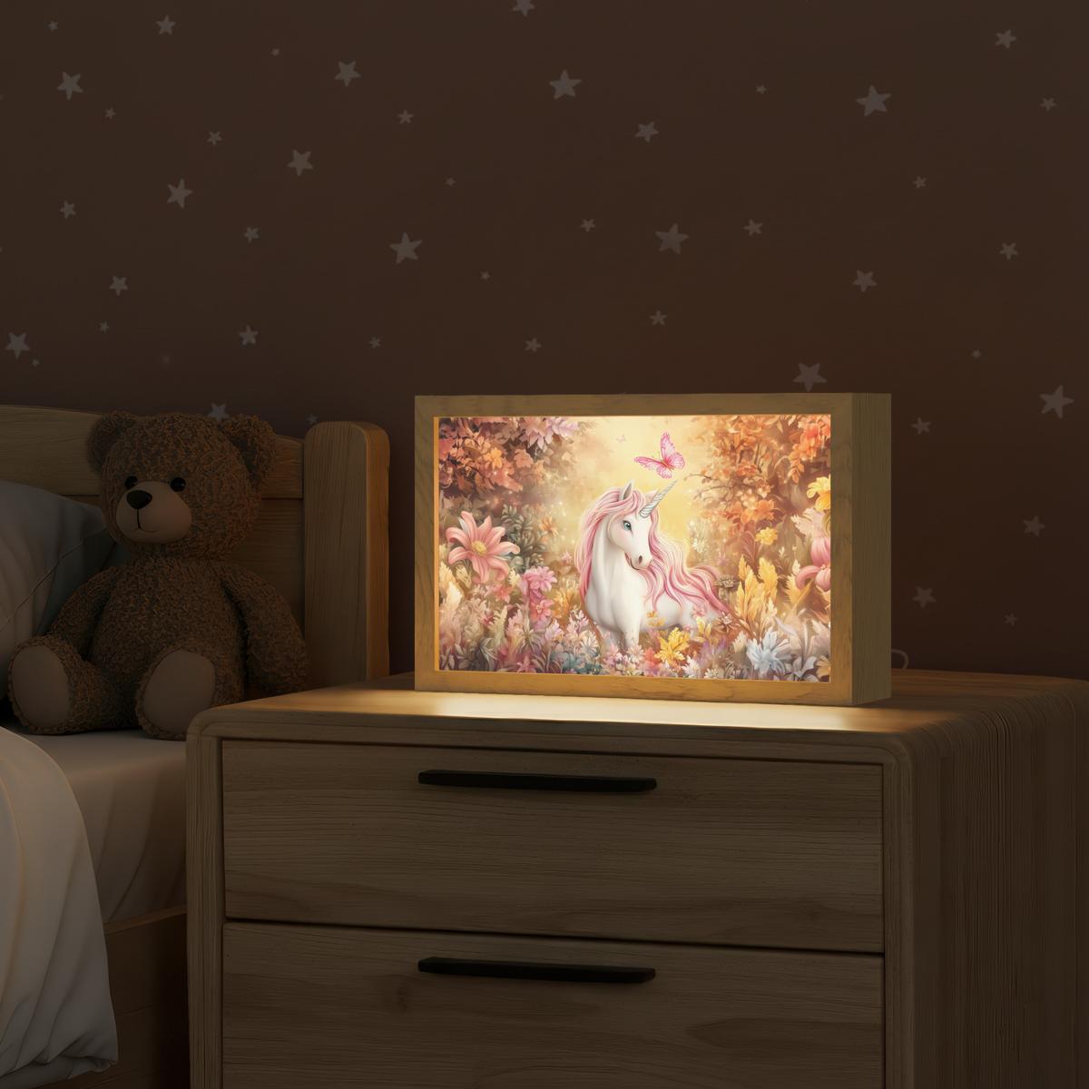 NACHTTISCHLAMPE Einhorn - Blumen - Schmetterling - Rosa 30x20 cm - Beige, Holzwerkstoff (8/30/20cm) - OnlyWow