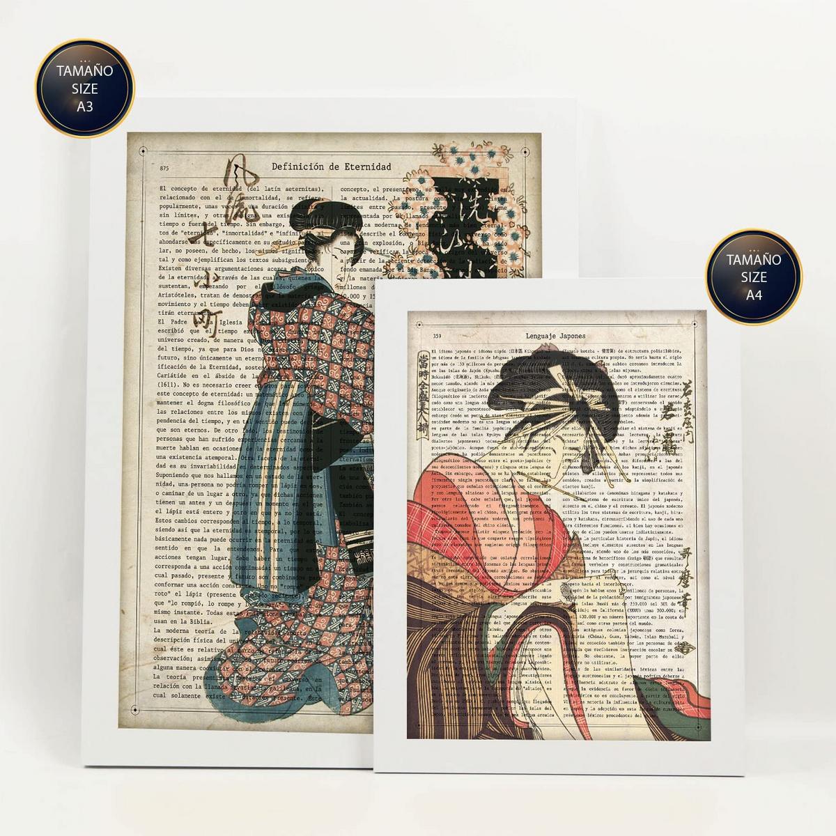 POSTER Set Mit 6 Japan Vintage Papier Stil Plakate Mit Enzyklopädie Hintergründen Ukiyo E Japanische Geishas Innenarchitektur A3 & A4 Weißer Rahmen - Weiß, Papier (29/3cm) - Nacnic