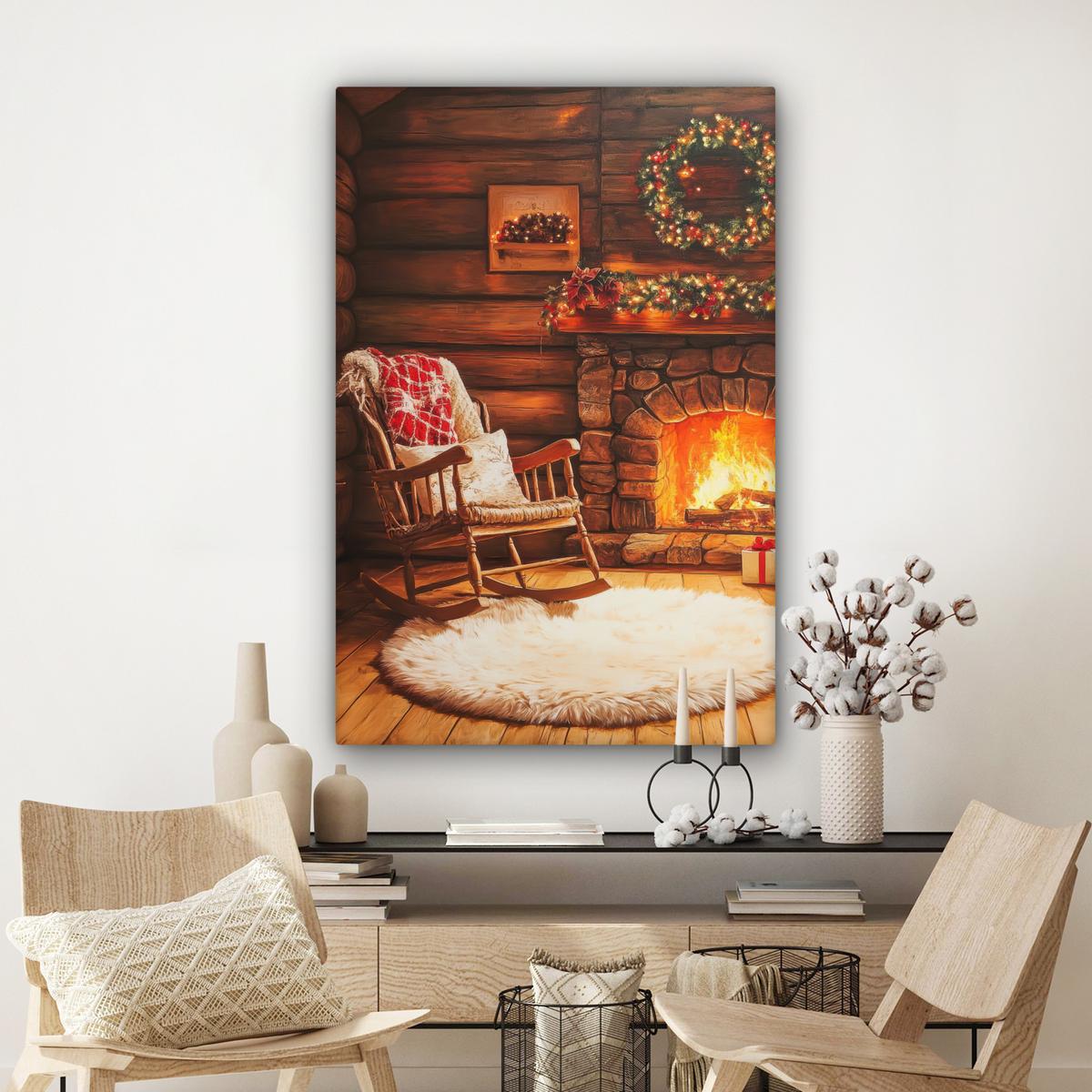 LEINWANDBILD Winter - Weihnachten - Zuhause - Kamin Deko XXL 80x120 cm - Bernsteinfarben, Textil (80/120cm) - MuchoWow