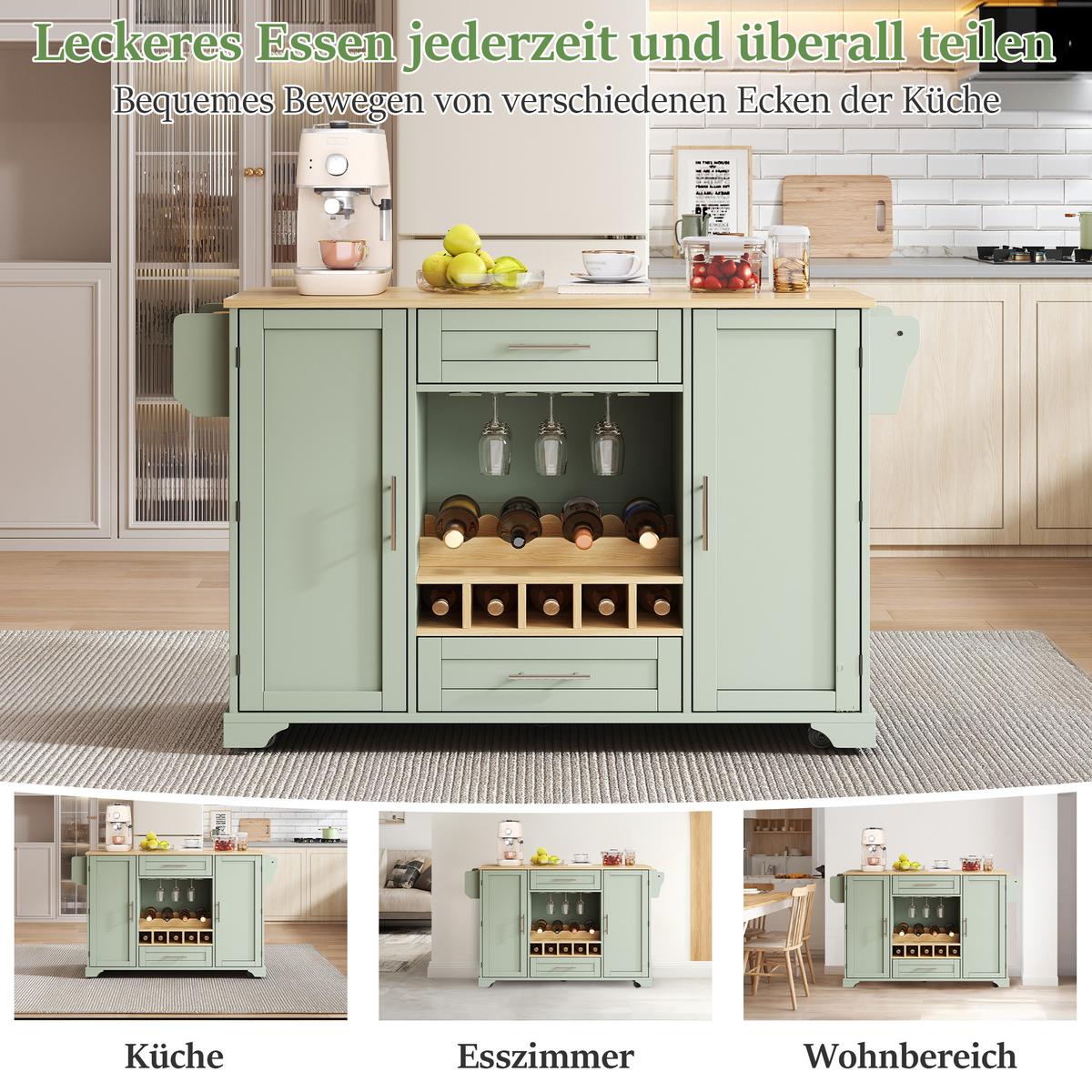 KÜCHENINSEL Antique Green Mit Klapptisch, Weinregal & Rollen - Waldgrün, Holzwerkstoff (138/92/70cm) - Urban Meuble