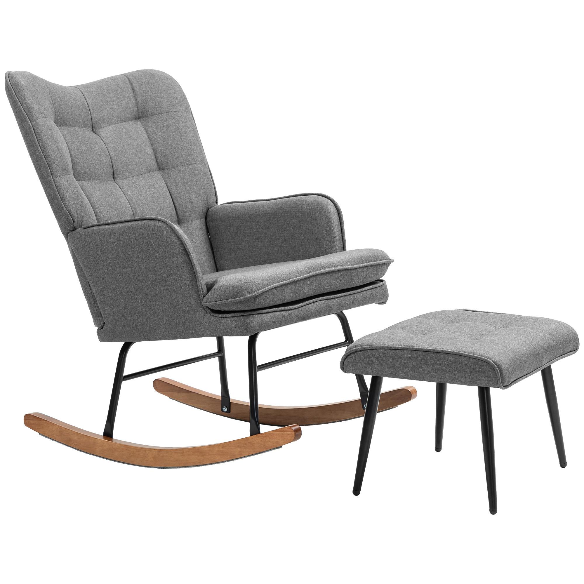 SCHAUKELSTUHL Schwingsessel mit Hocker Armlehnsessel Relaxsessel mit Leinenoptik - Dunkelgrau/Schwarz, Holz/Textil (89/90/64cm) - HOMCOM