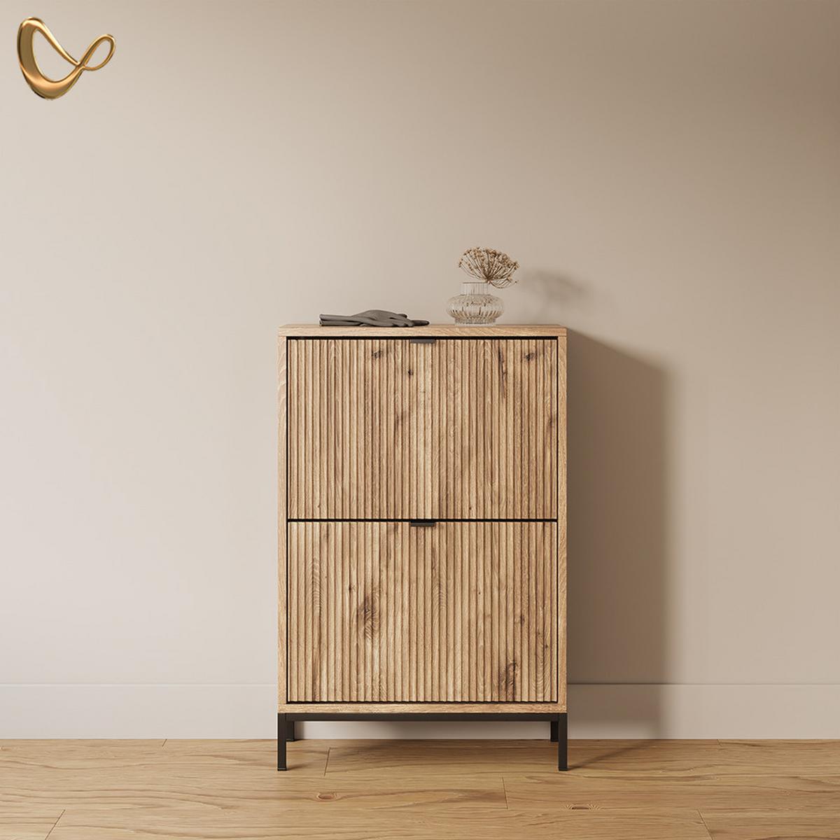 SCHUHKIPPER Aterno Viking Oak 60 x 92 cm mit 2 Klappschubladen - Eichefarben, Holzwerkstoff (60/92/24cm) - Livinity®