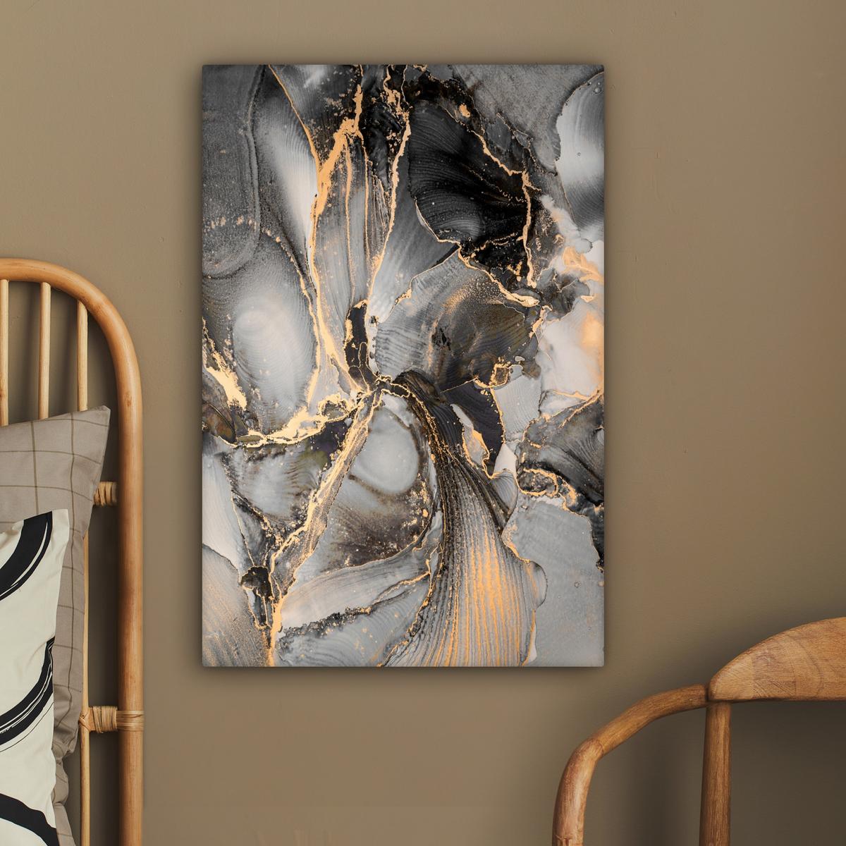 LEINWANDBILD Grau - Luxus - Gold - Marmor Wanddeko Schlafzimmer 60x90 cm - Dunkelgrau, Textil (60/90cm) - MuchoWow